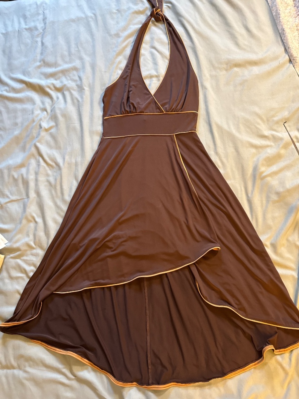 Brown Halter V-Neck Midi Dress with Contrast in gold